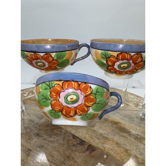 3 Vintage Hand Painted Lusterware Orange Gold Blue Floral Teacup Japanese READ - Picture 2 of 16